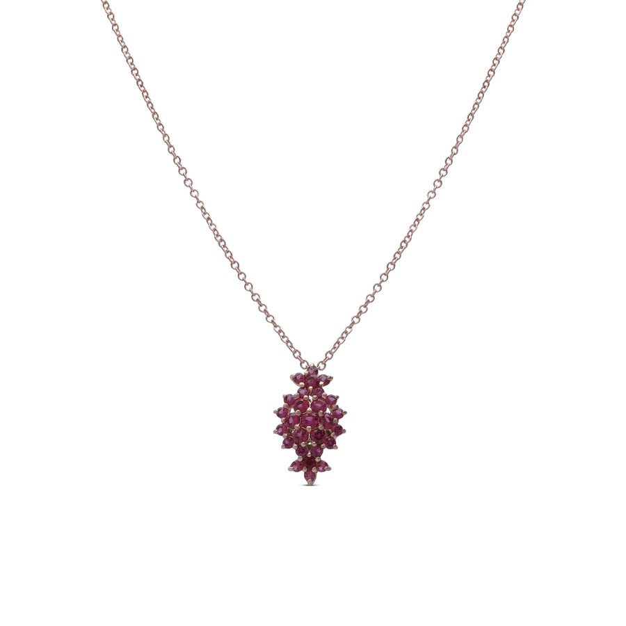 A floral rhombus necklace studded with ruby colored crystal stones
