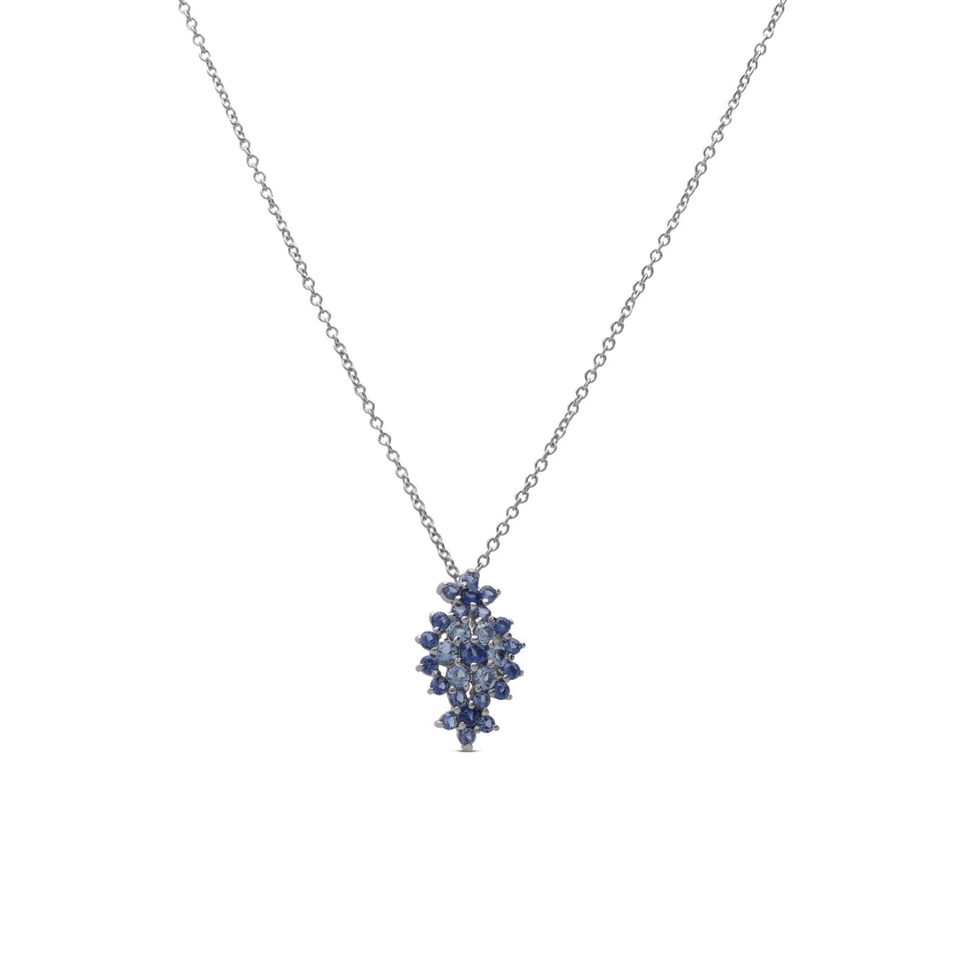 A floral rhombus necklace studded with blue crystal stones