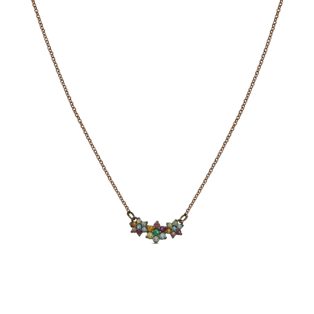 The three flower necklace is studded with colored crystal stones