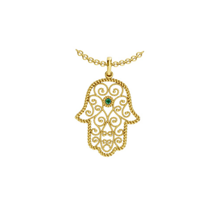 Hamsa emerald gold necklace