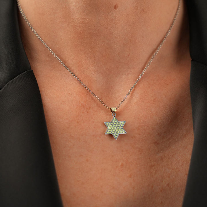 Rhodium-plated Star of David necklace with lab-grown opal stones
