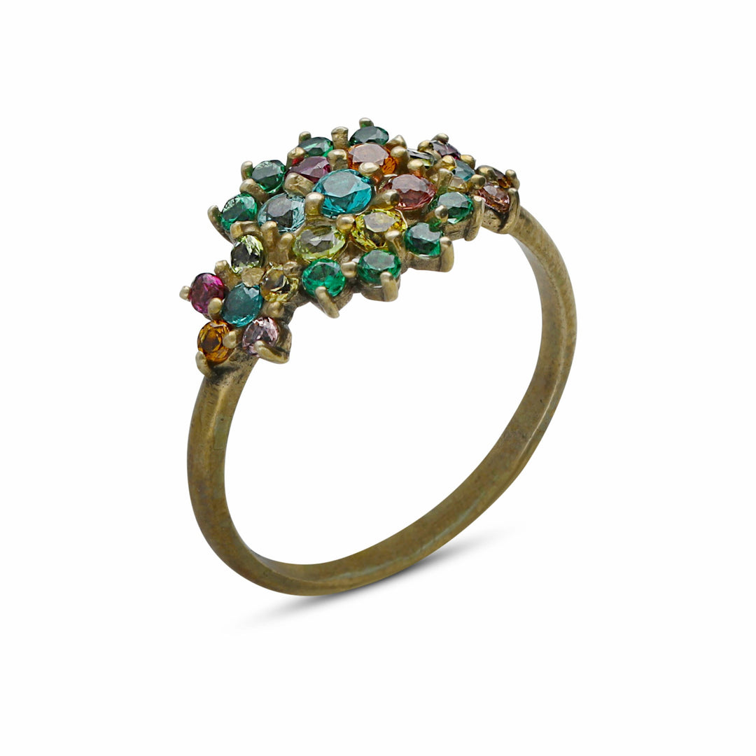 A floral rhombus ring studded with colored crystal stones