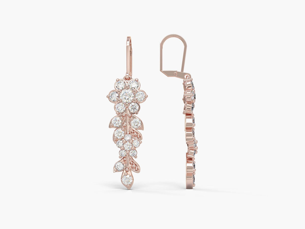 Long flowering branch dangling earrings studded with zirconia gems
