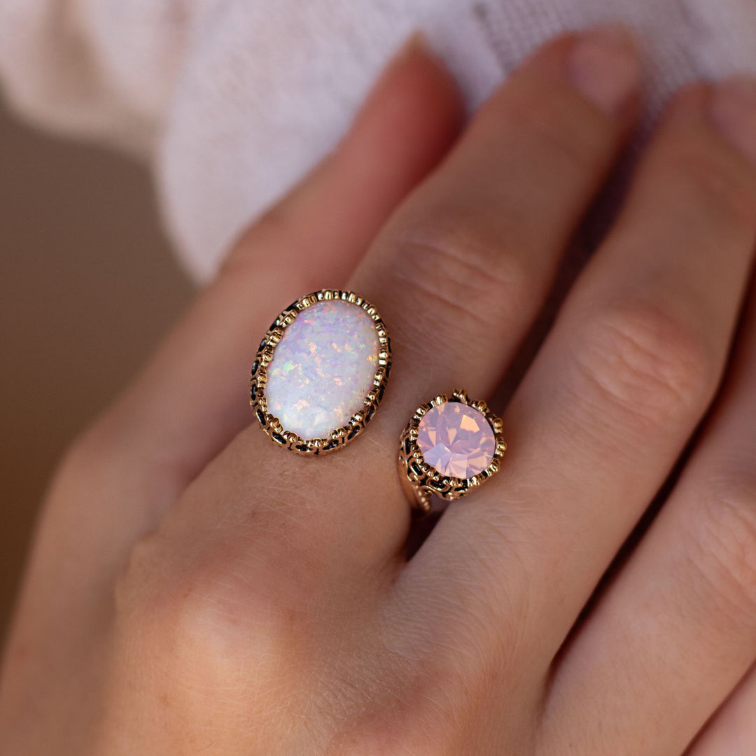 18K Gold Plated Open Ring with White-Pink Synthetic Opal - Heritage - 4
