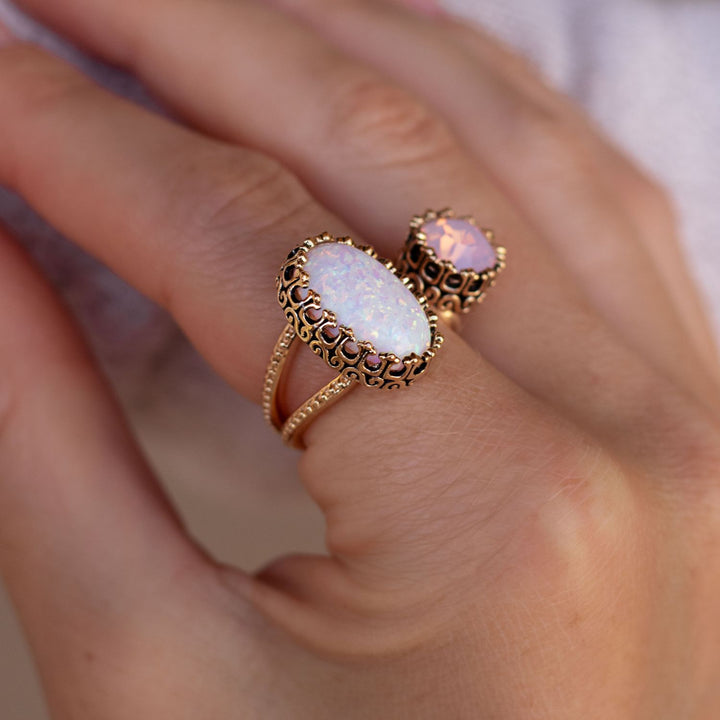 18K Gold Plated Open Ring with White-Pink Synthetic Opal - Heritage - 2