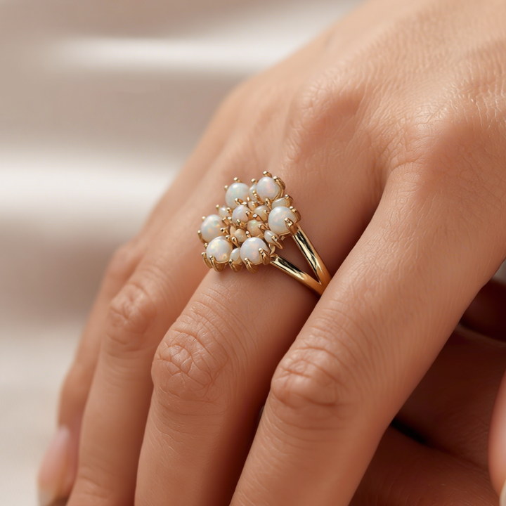 Flower Ring with Ivory White Lab Opal Stones - Heritage - 6