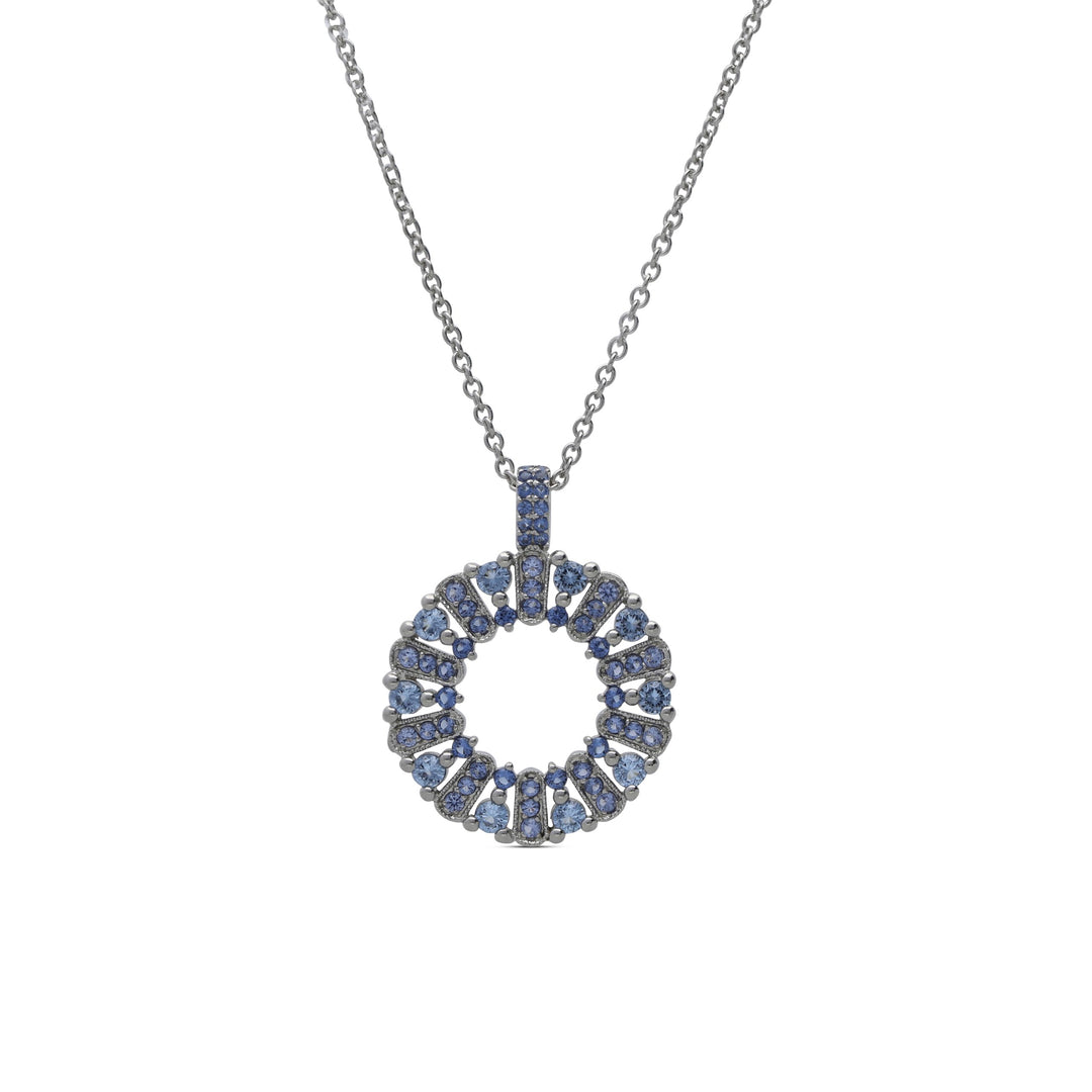 The circle of life necklace is studded with blue crystal stones