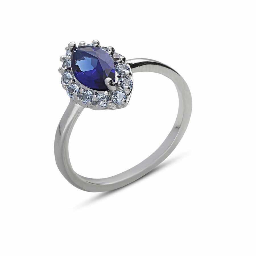 An eye ring in the shape of a marquise set with blue crystal stones