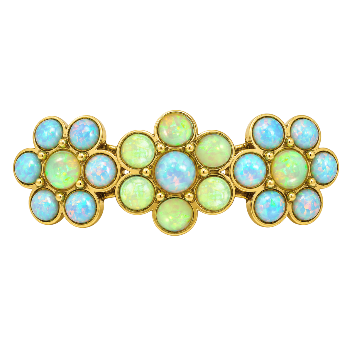 18K Gold Plated Three-Flower Hair Clip with Green-Turquoise Opal - Bloom