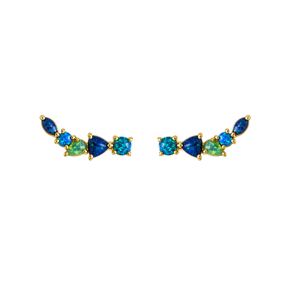 18K Gold Plated Climber Earrings with Turquoise Lab-Created Opal - Botanic - 2