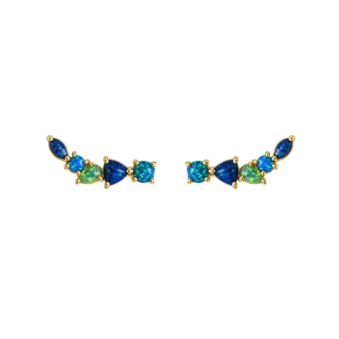 18K Gold Plated Climber Earrings with Turquoise Lab-Created Opal - Botanic - 2