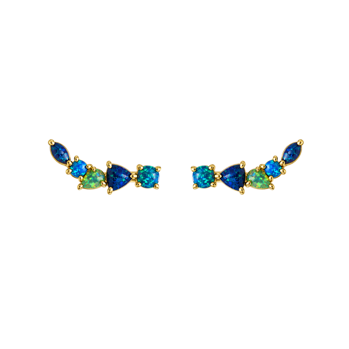 18K Gold Plated Climber Earrings with Turquoise Lab-Created Opal - Botanic - 2