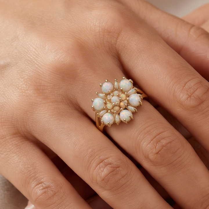 Flower Ring with Ivory White Lab Opal Stones - Heritage - 7
