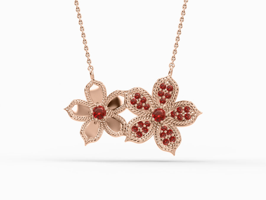 Double Ivanka pendant with rose gold chain - inlaid with ruby stones