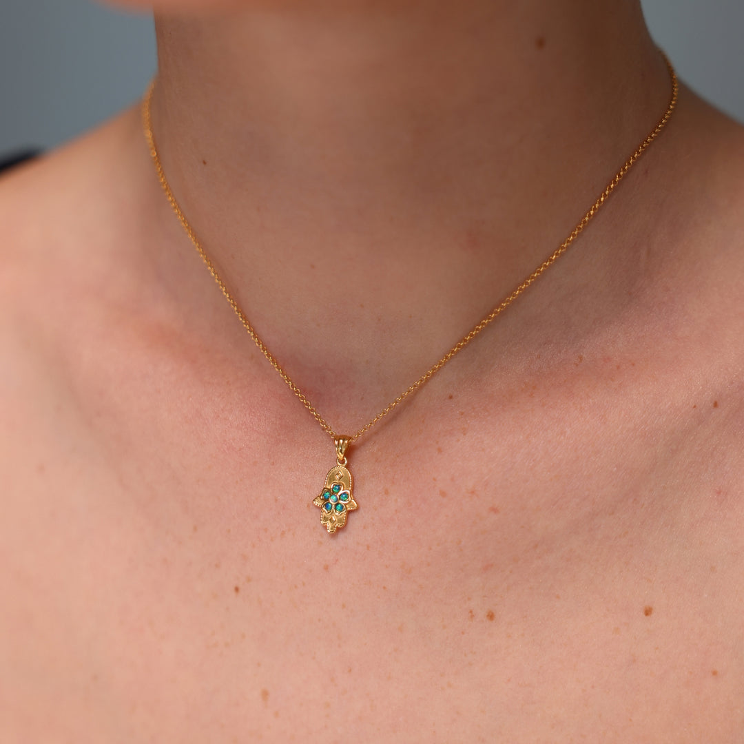18K Gold Plated Hamsa Necklace with Lab Opal Stones - 3