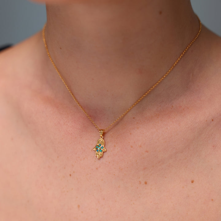18K Gold Plated Hamsa Necklace with Lab Opal Stones - 3