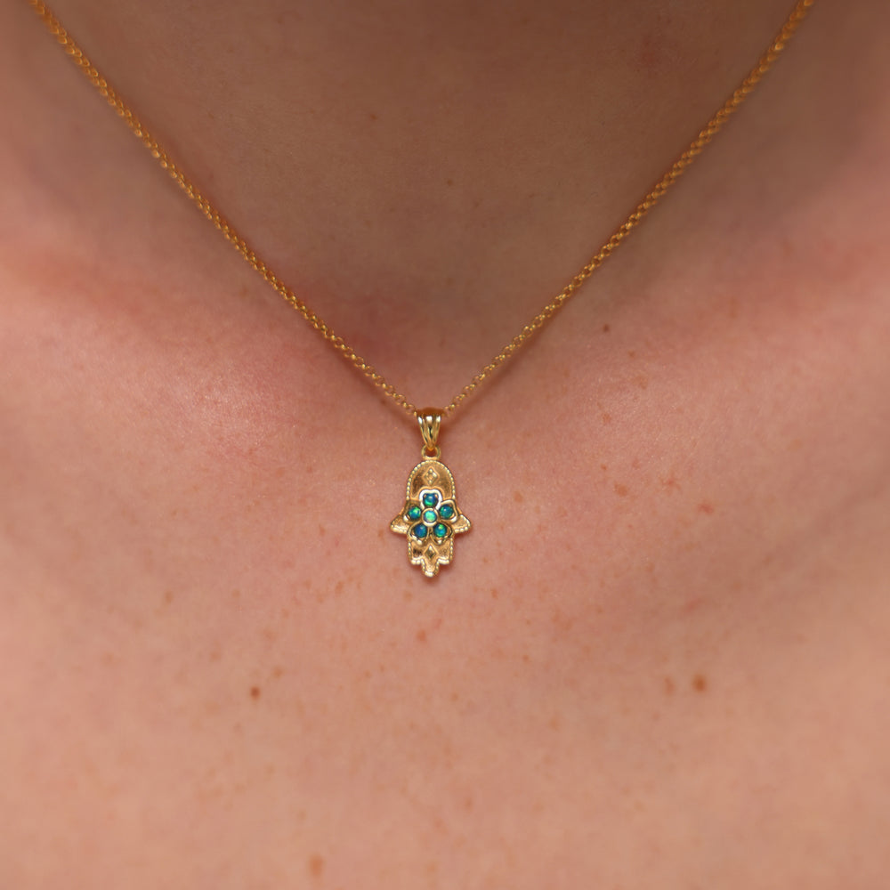 18K Gold Plated Hamsa Necklace with Lab Opal Stones - 2