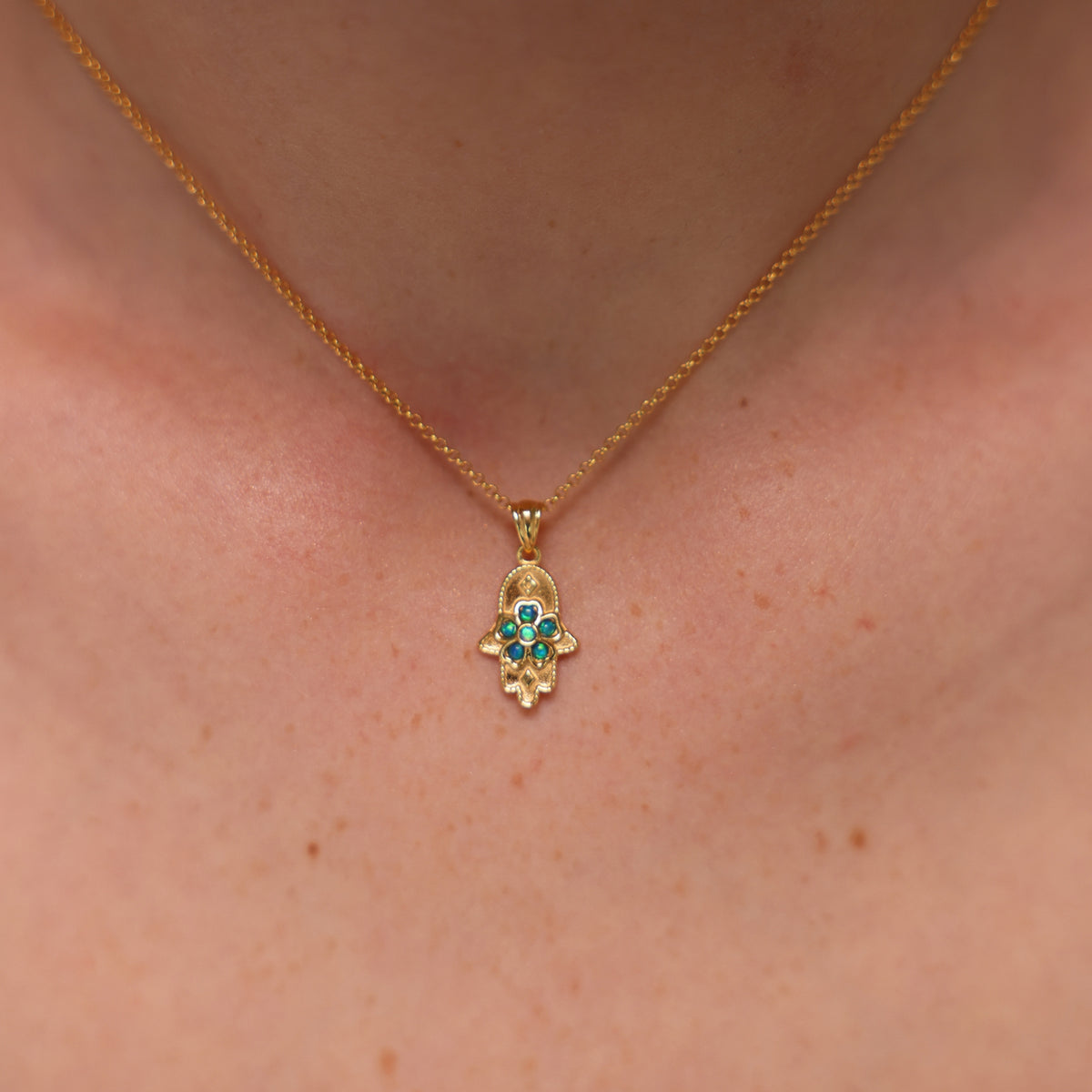 18K Gold Plated Hamsa Necklace with Lab Opal Stones - 2
