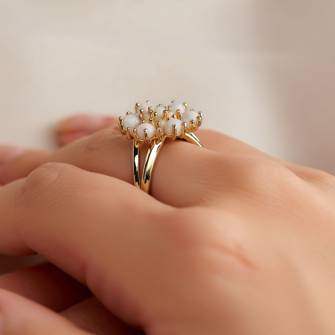 Flower Ring with Ivory White Lab Opal Stones - Heritage - 5