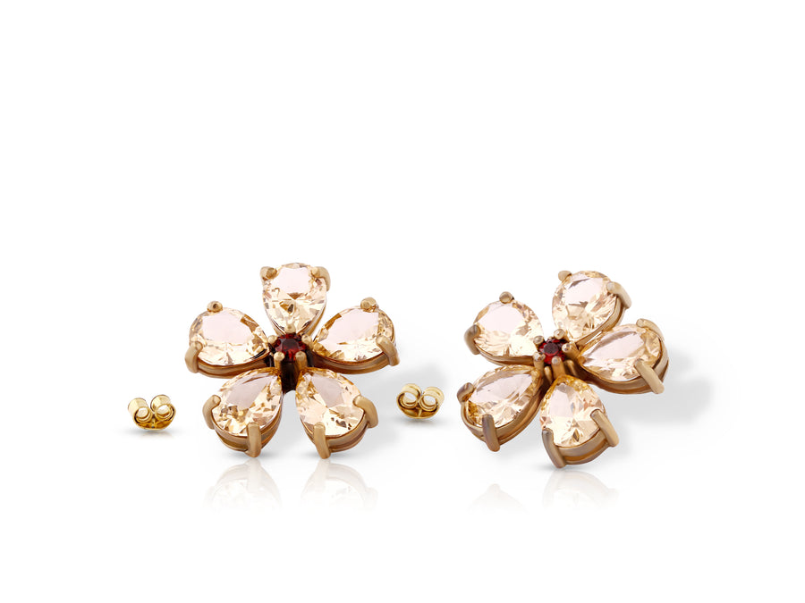 Close-up earrings flower of wishes inlaid with cream garnet crystal stones
