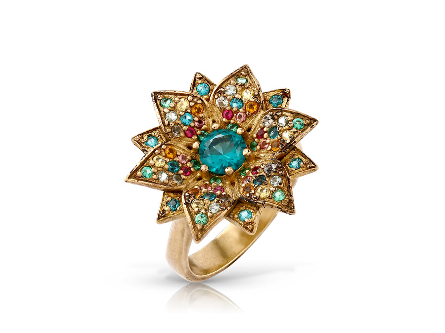 Amaryllis ring studded with colored crystal stones