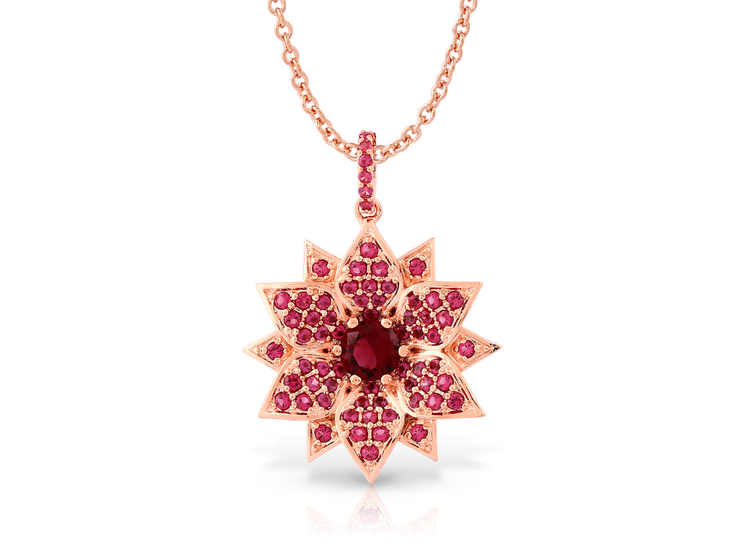 Amaryllis necklace studded with ruby ​​colored crystal stones