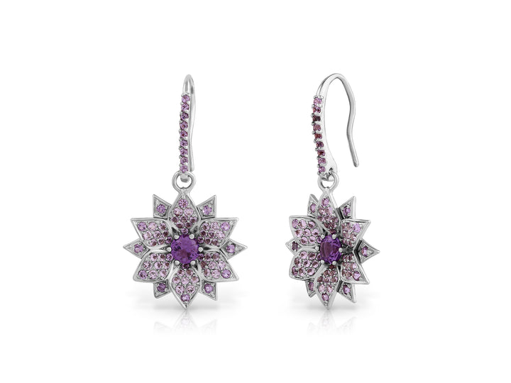 Amaryllis dangling earrings studded with purple crystal stones