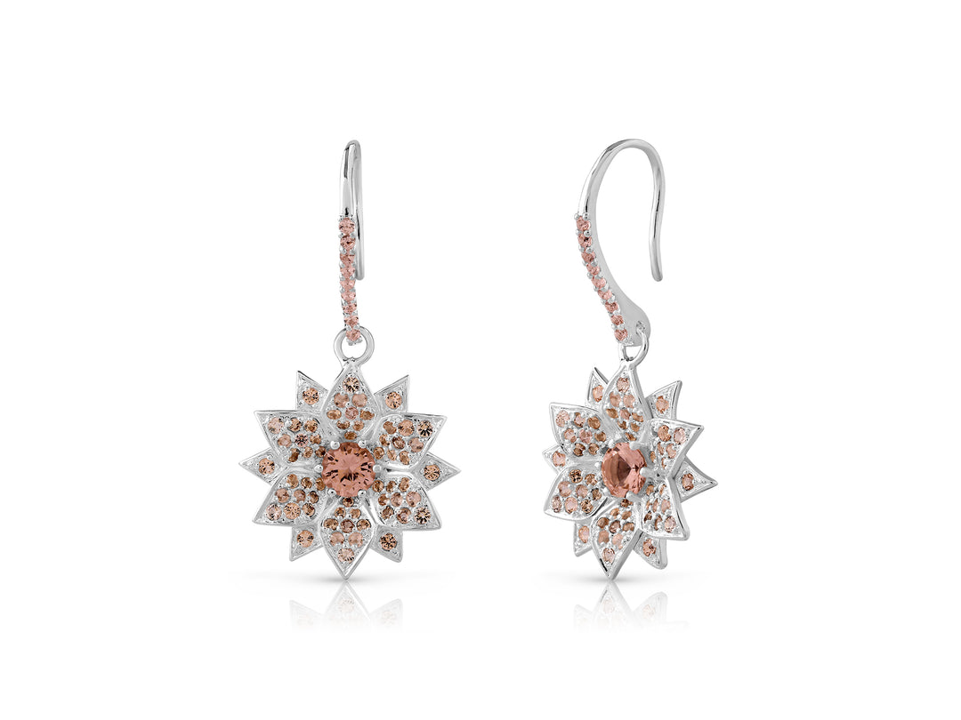 Amaryllis dangling earrings studded with champagne colored crystal stones