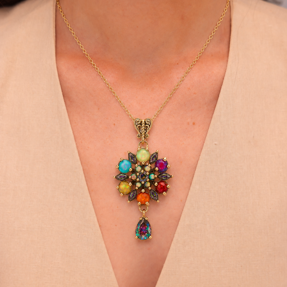 24K Gold Plated Flower Necklace with Multicolor Lab-Created Opal - Heritage - 2