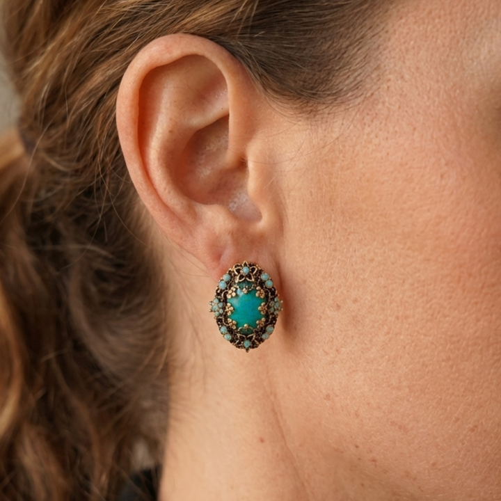 18K Gold Plated Oval Clip Earrings with Lab Opal - Heritage - 2