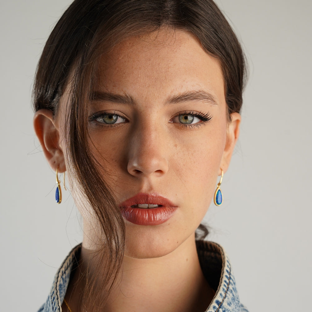 18K/24K Gold Plated Earring with Blue Synthetic Opal - Mare - 2
