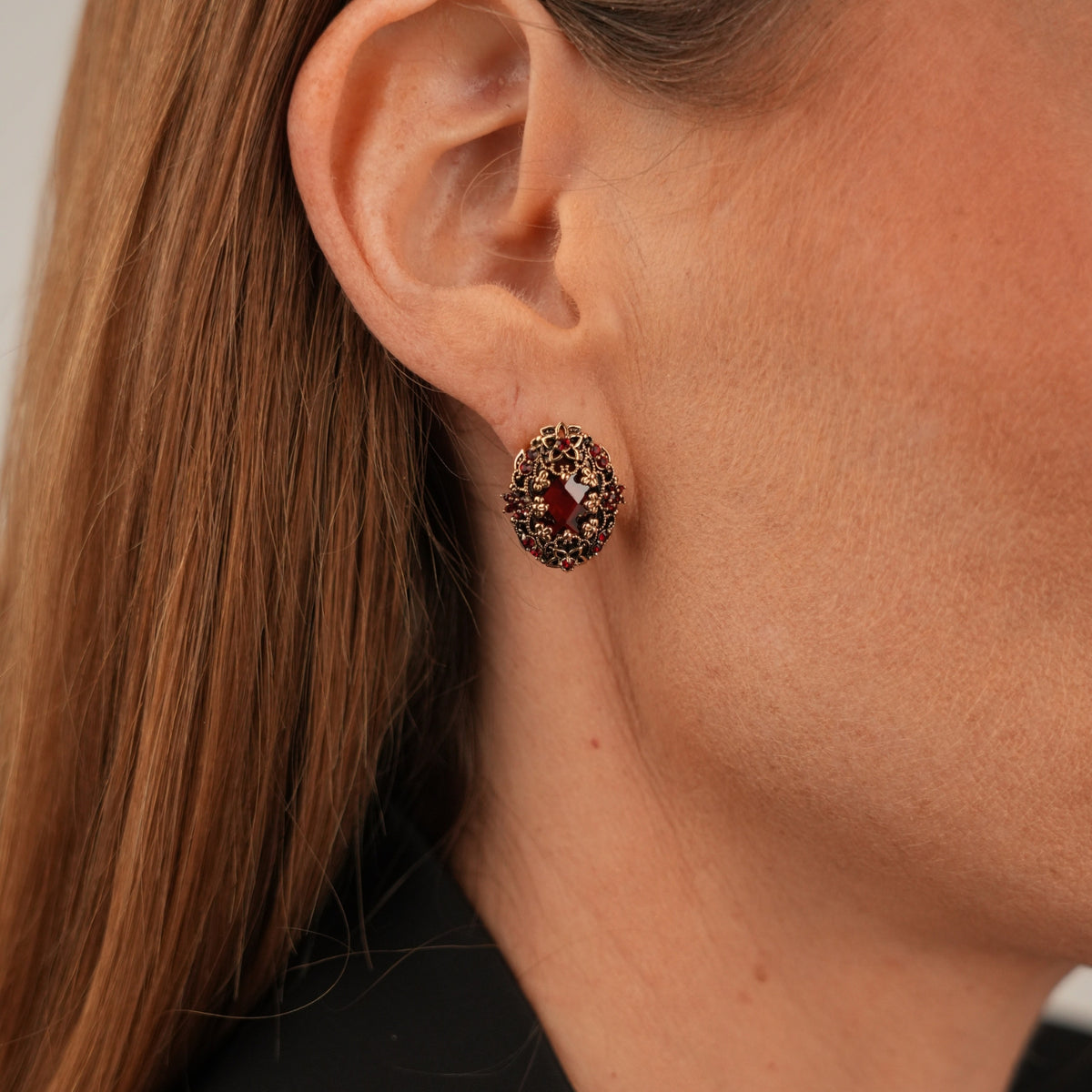 18K Gold Plated Oval Clip Earrings with Red Zirconia - Heritage - 2