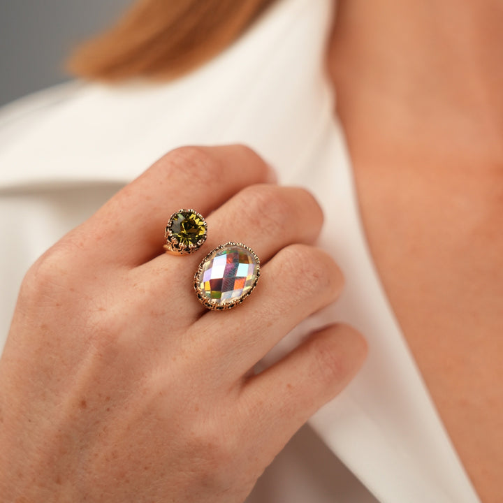 18K Gold Plated Open Ring with Green Zirconia - Heritage - 2
