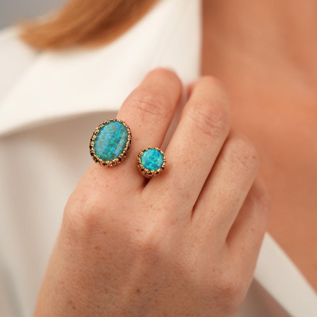 18K Gold Plated Open Ring with Blue Synthetic Opal - Heritage - 2