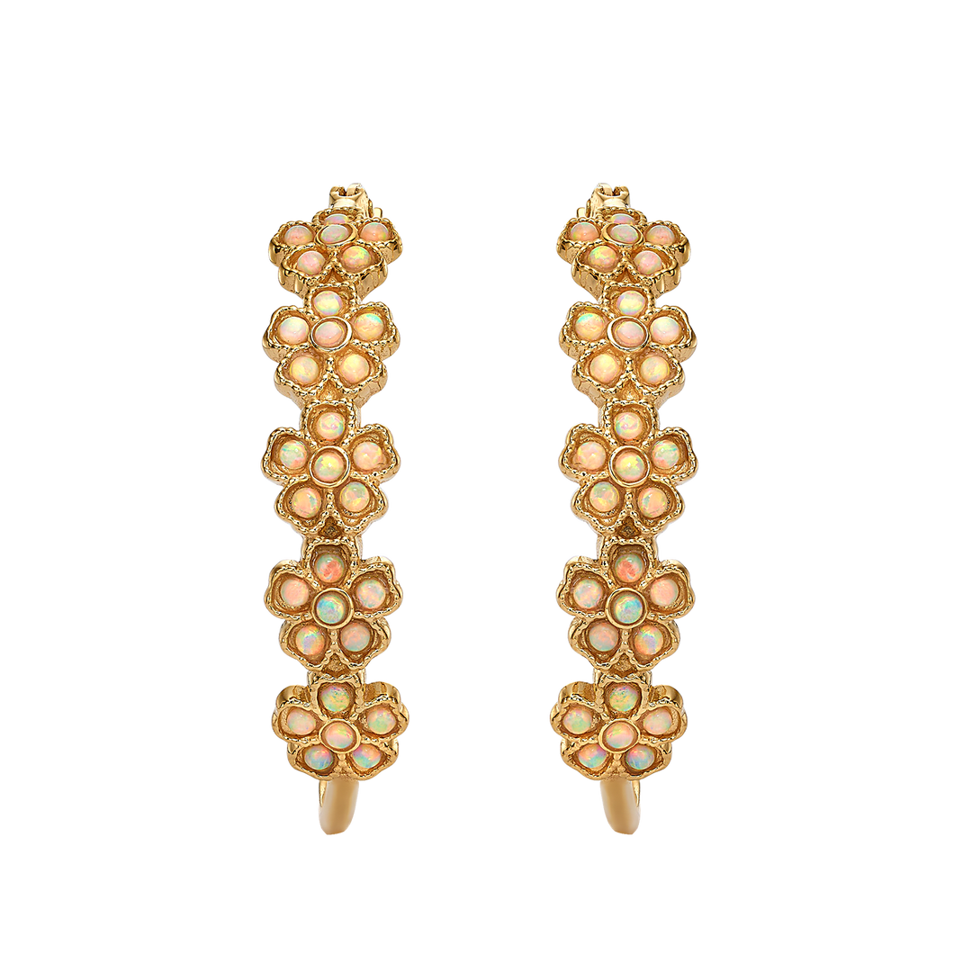 18K Gold Plated Floral Hoop Earrings with Ivory White Lab-Created Opal - Bloom - 3