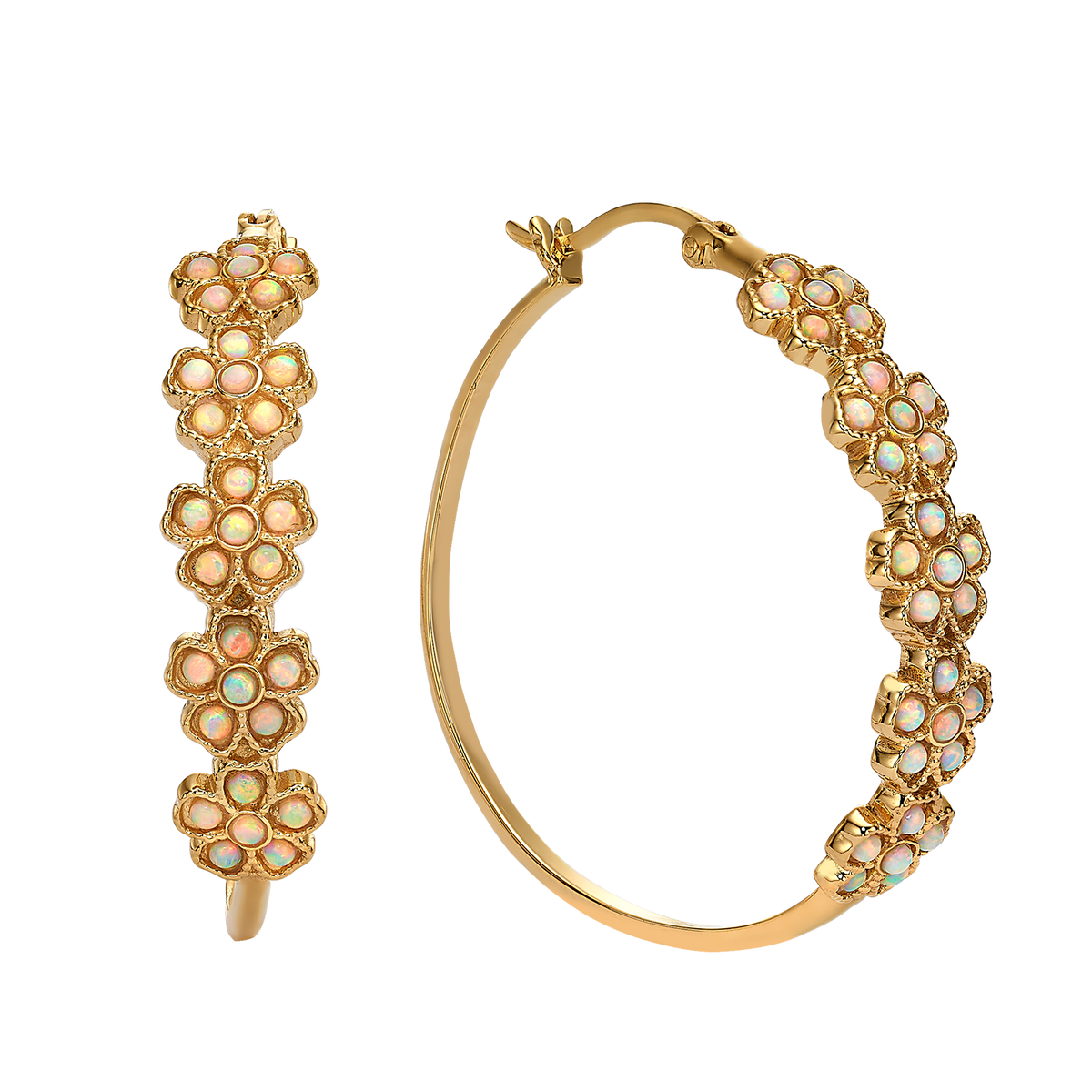 18K Gold Plated Floral Hoop Earrings with Ivory White Lab-Created Opal - Bloom