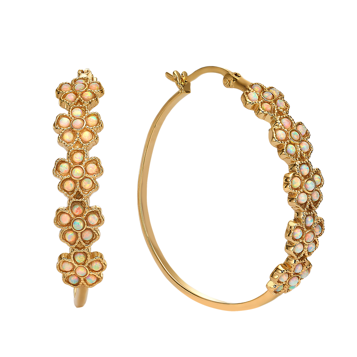 18K Gold Plated Floral Hoop Earrings with Ivory White Lab-Created Opal - Bloom