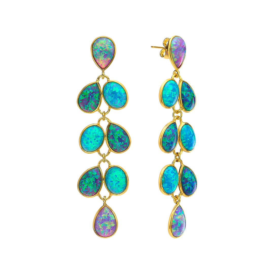18K/24K Gold Plated Long Stud Earring with Turquoise Synthetic Opal - Mare - 9