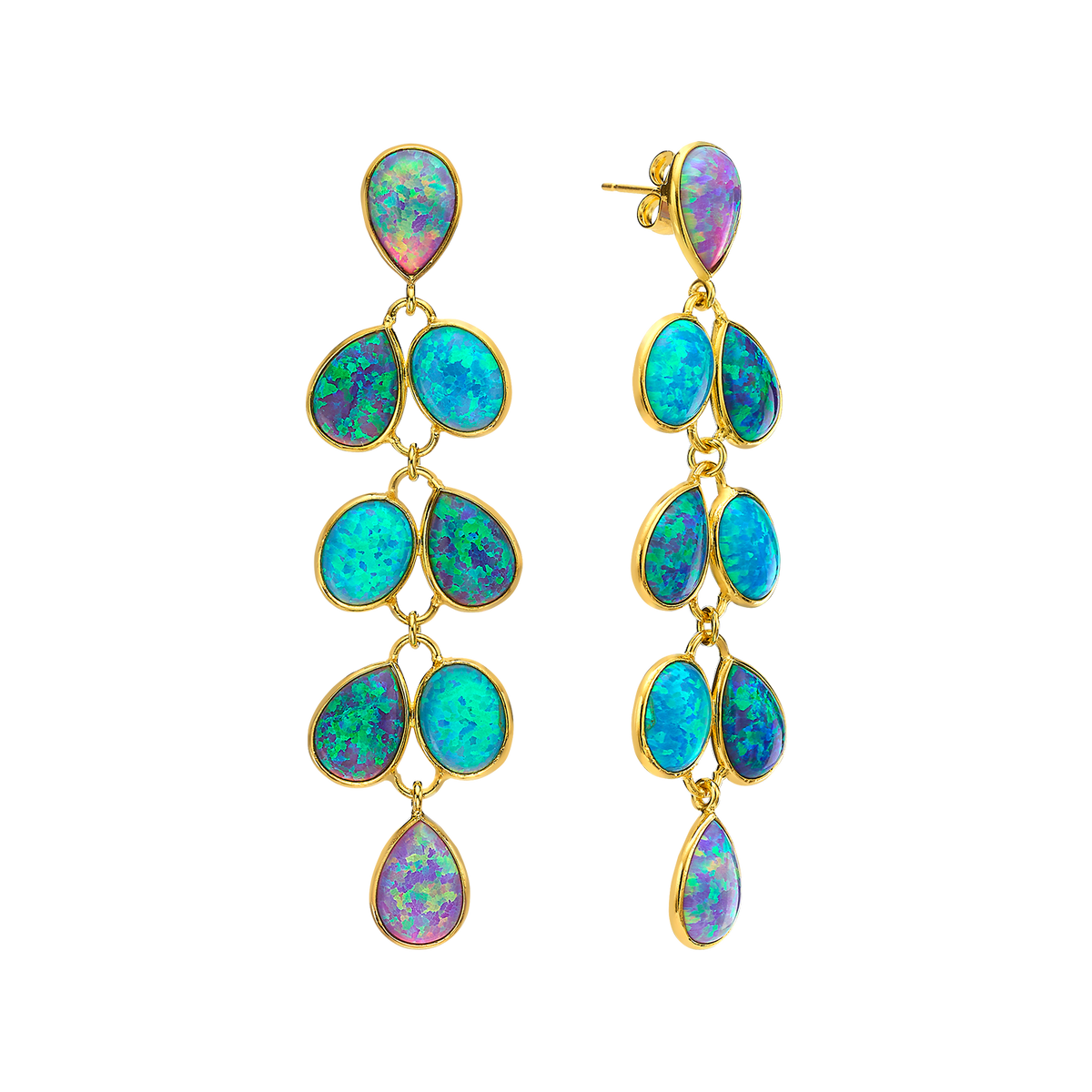 18K/24K Gold Plated Long Stud Earring with Turquoise Synthetic Opal - Mare - 9