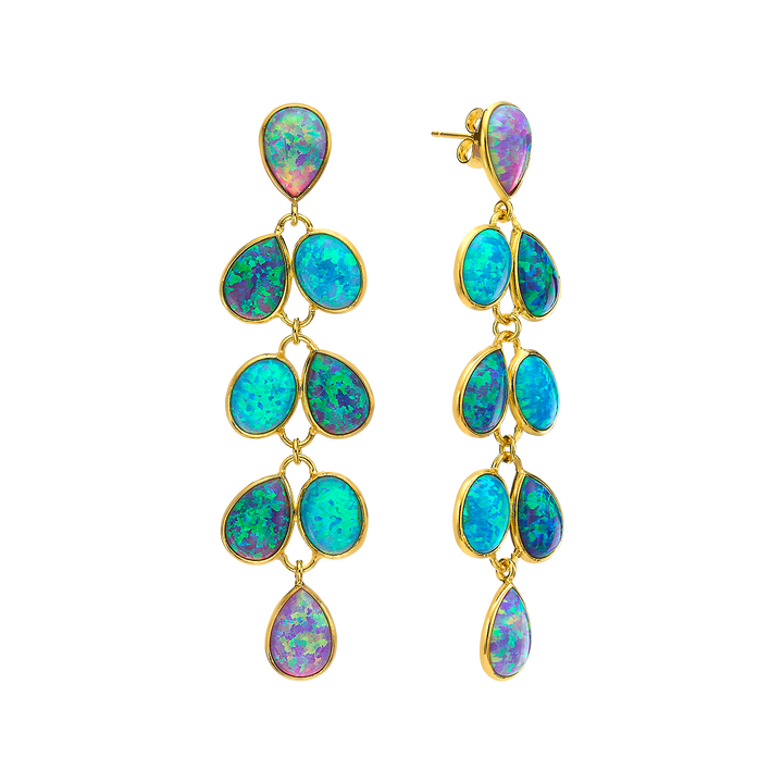 18K/24K Gold Plated Long Stud Earring with Turquoise Synthetic Opal - Mare - 9
