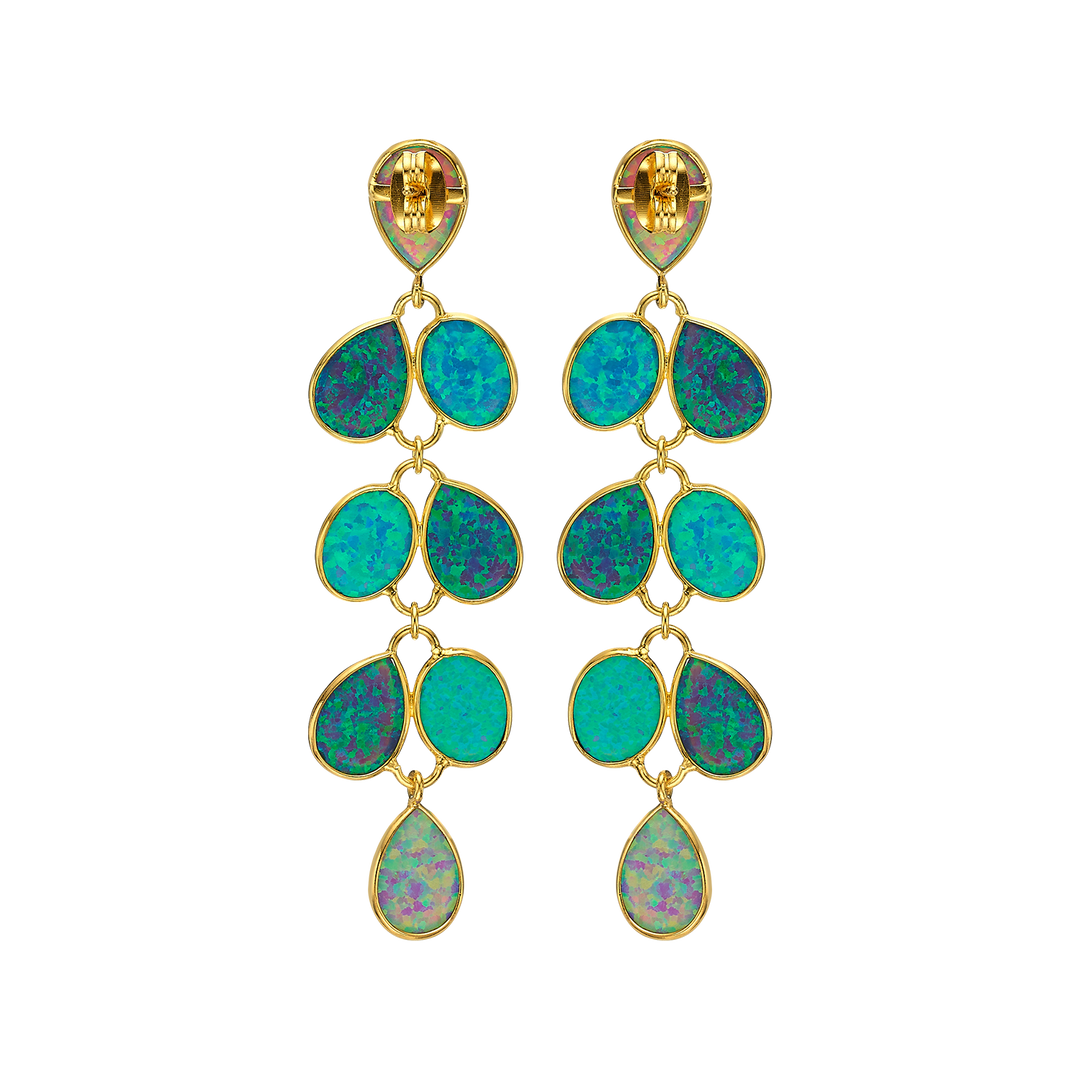 18K/24K Gold Plated Long Stud Earring with Turquoise Synthetic Opal - Mare - 12