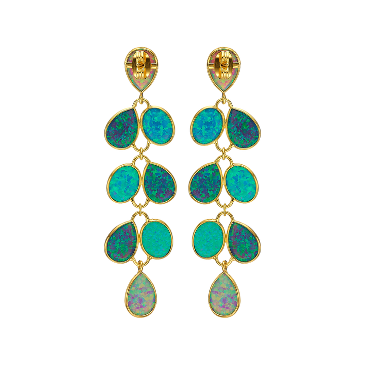 18K/24K Gold Plated Long Stud Earring with Turquoise Synthetic Opal - Mare - 12