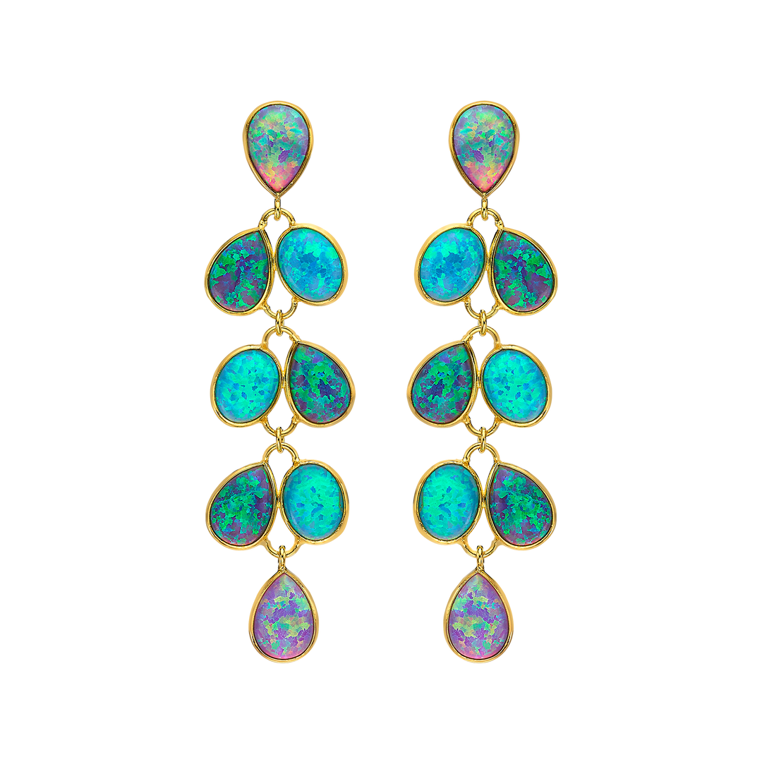18K/24K Gold Plated Long Stud Earring with Turquoise Synthetic Opal - Mare - 11