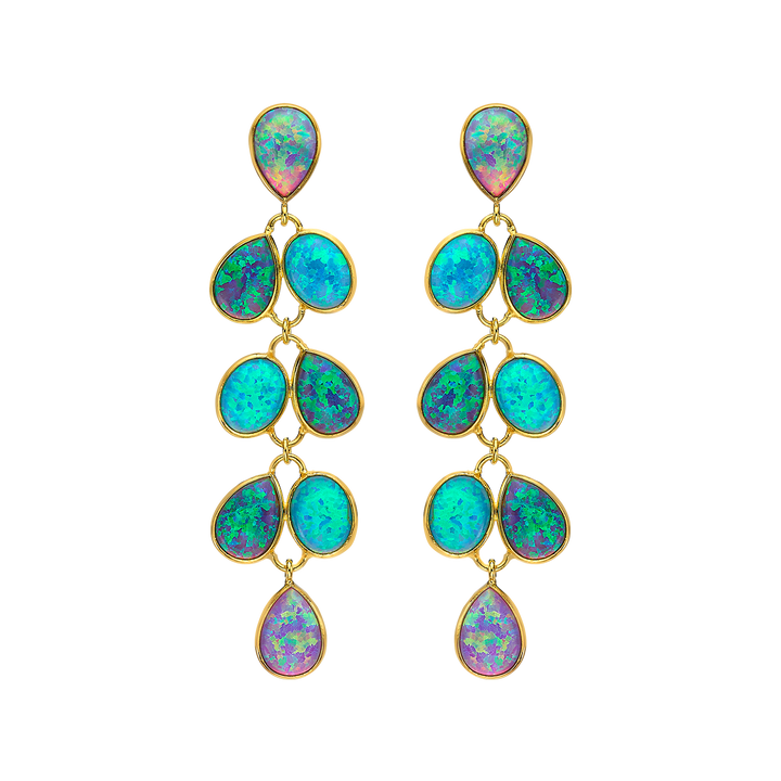 18K/24K Gold Plated Long Stud Earring with Turquoise Synthetic Opal - Mare - 11