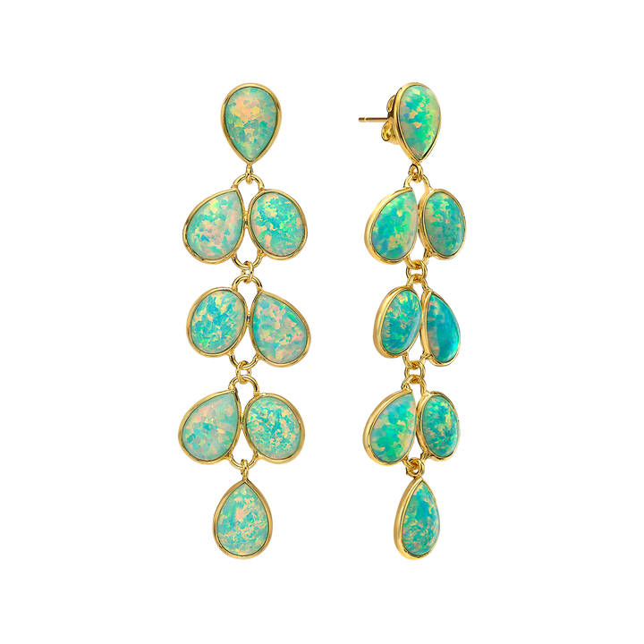 18K/24K Gold Plated Long Stud Earring with Sky Blue Synthetic Opal - Mare - 9