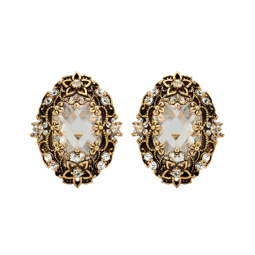 עגיל מוזהב בציפוי 18Kתלוי אובלי עם קריסטל שקוף Heritage