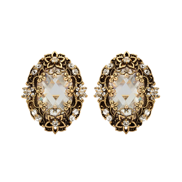 עגיל מוזהב בציפוי 18Kתלוי אובלי עם קריסטל שקוף Heritage