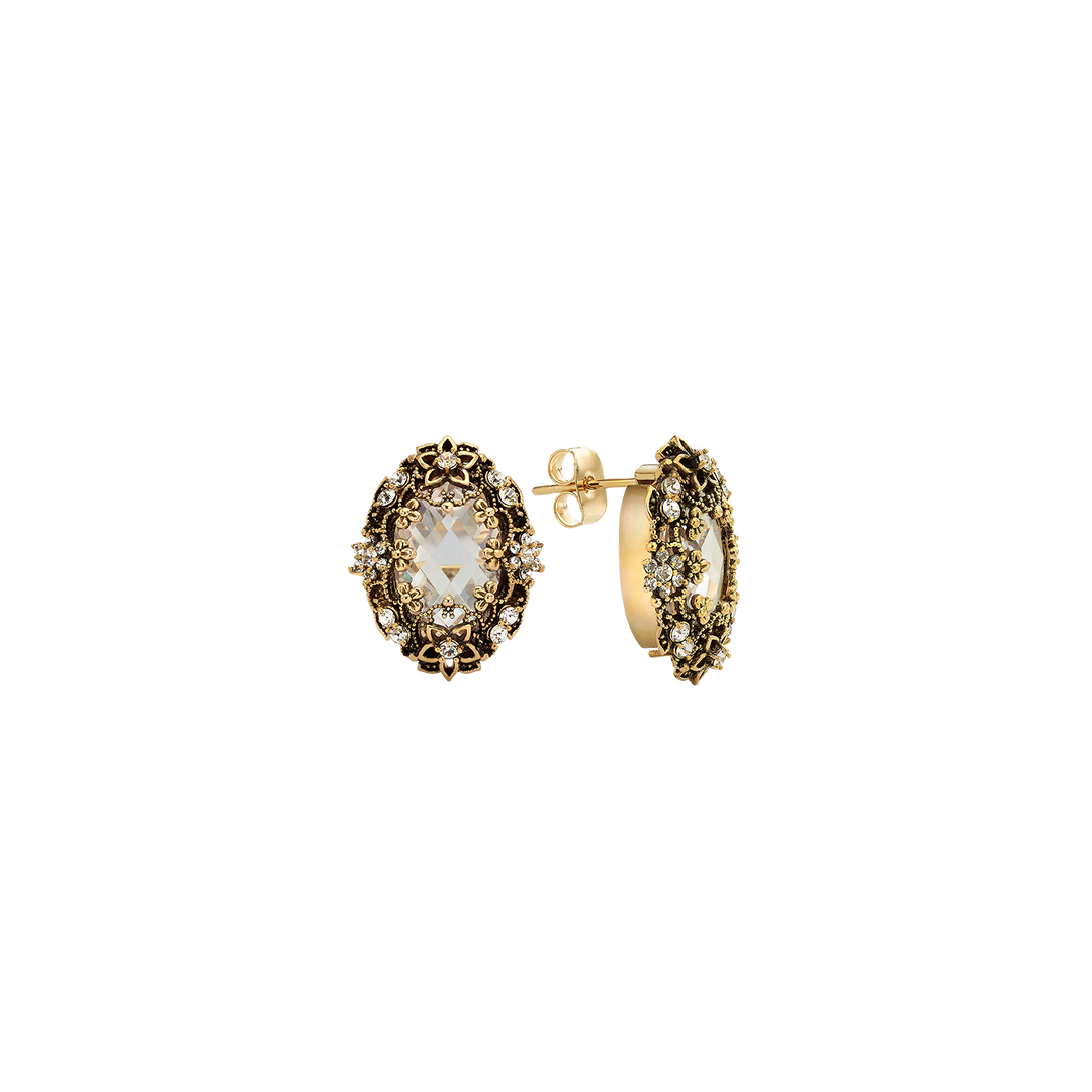 18K Gold Plated Drop Oval Earring with Clear Crystal - Heritage