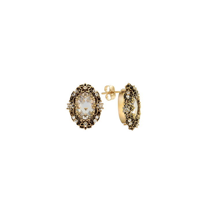18K Gold Plated Drop Oval Earring with Clear Crystal - Heritage