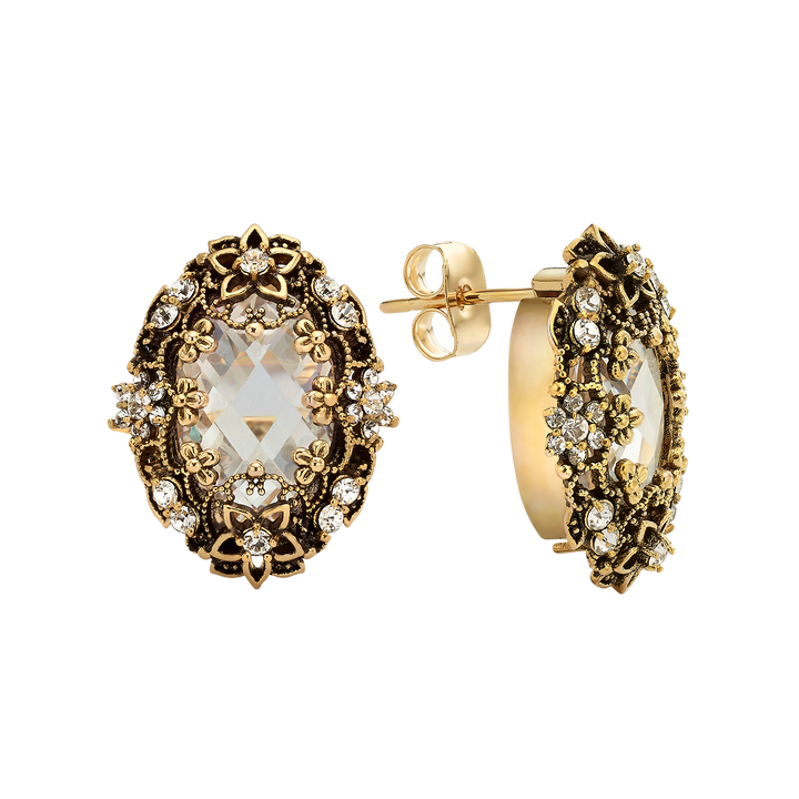 עגיל מוזהב בציפוי 18Kתלוי אובלי עם קריסטל שקוף Heritage